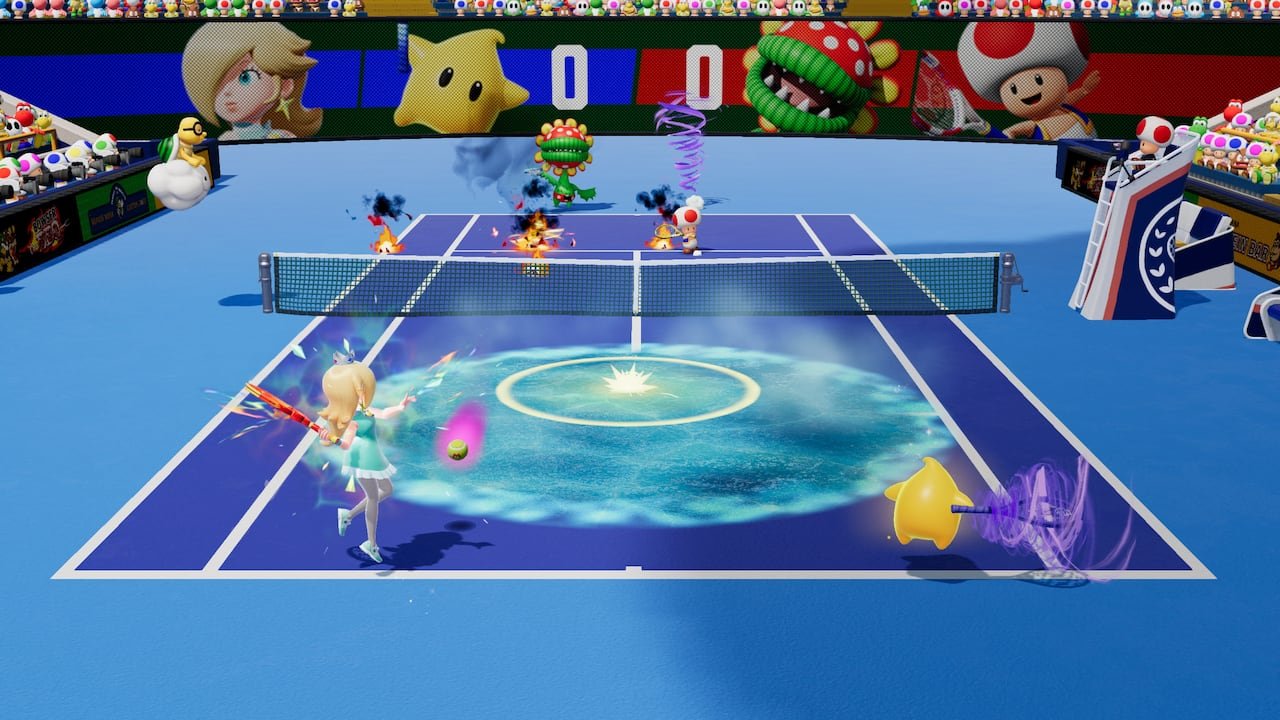default-425 video game screenshot of Mario characters engaging in tennis.