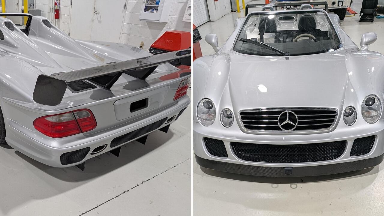 A silver roofless Mercedes sports car captured from two angles