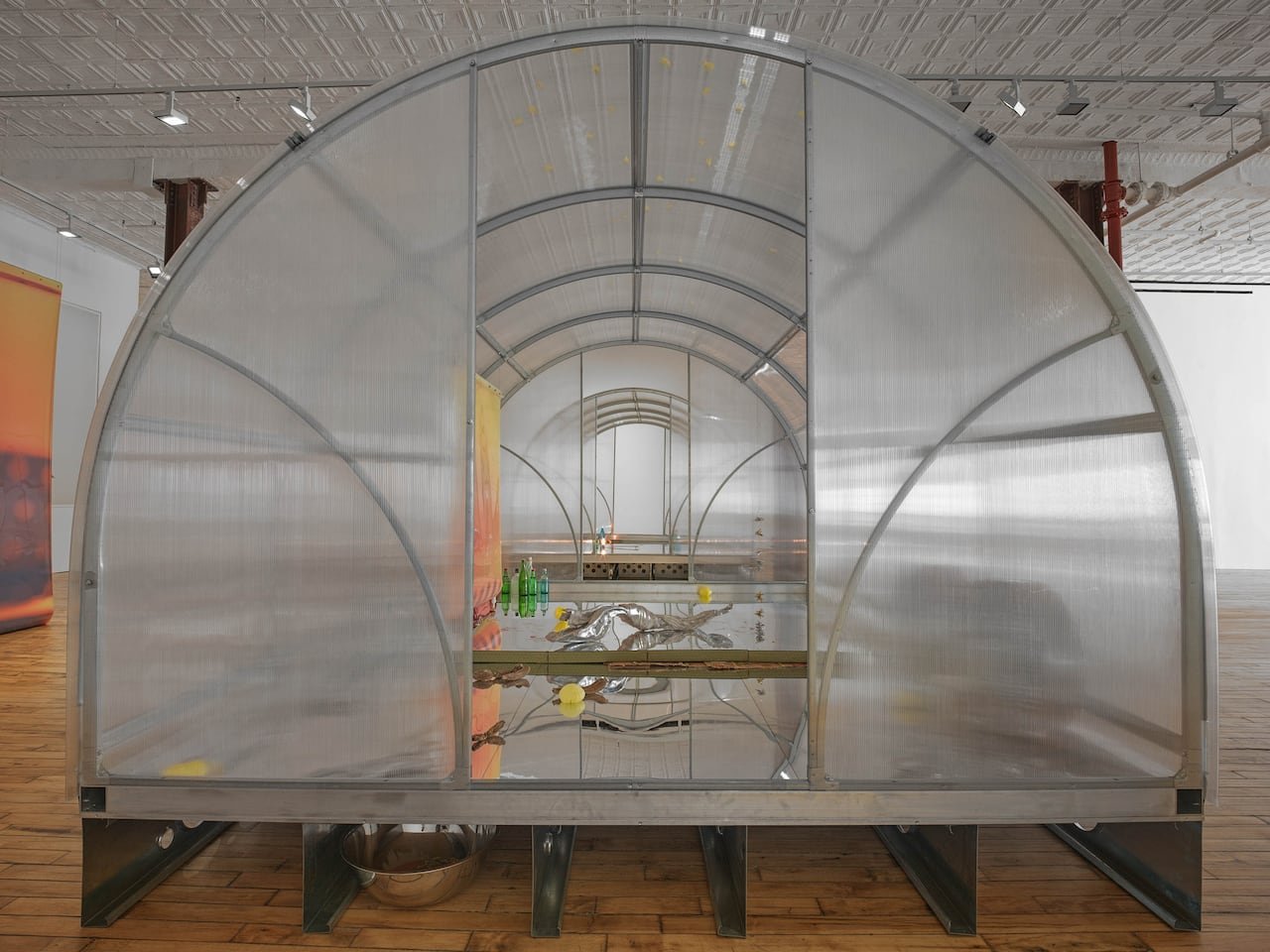 Artwork resembling a greenhouse with items inside.