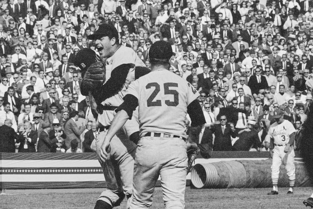 default-124 Iconic image of Detroit Tigers catcher Bill Freehan and pitcher Mickey Lolich celebrating victory over the St. Louis Cardinals in the 1968 World Series.