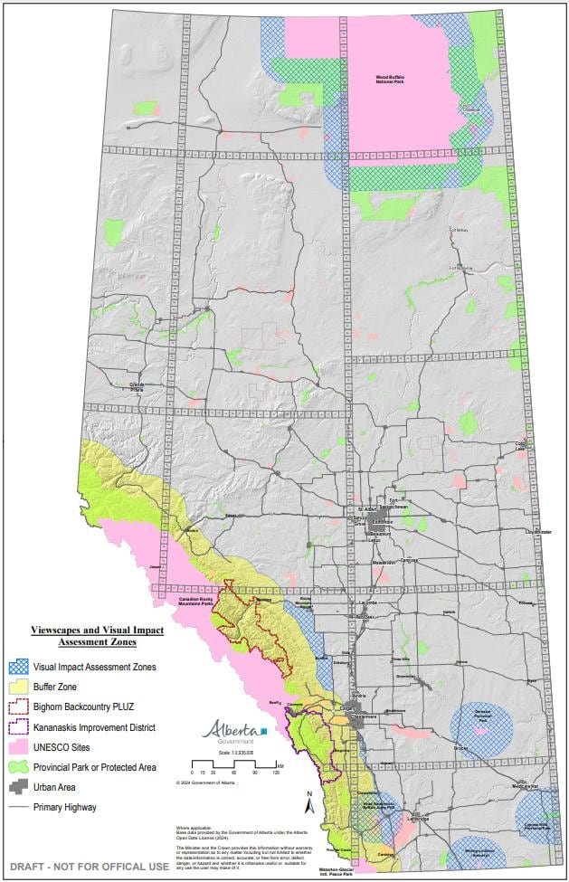 default-265 A map of Alberta, showing zones prohibited for renewable power development.